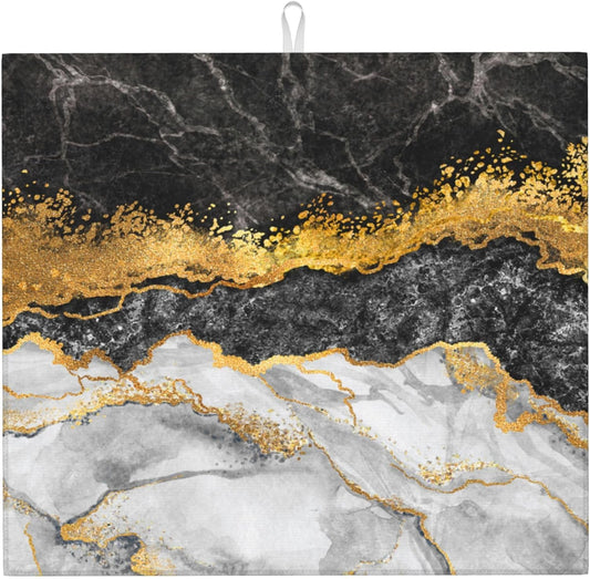 Black Gold Marble Dish Drying Mat for Kitchen Counter Gold and Black Grey Dish Drainer Rack Mats 16x18 Inches Absorbent Reversible Cute Drying Pad