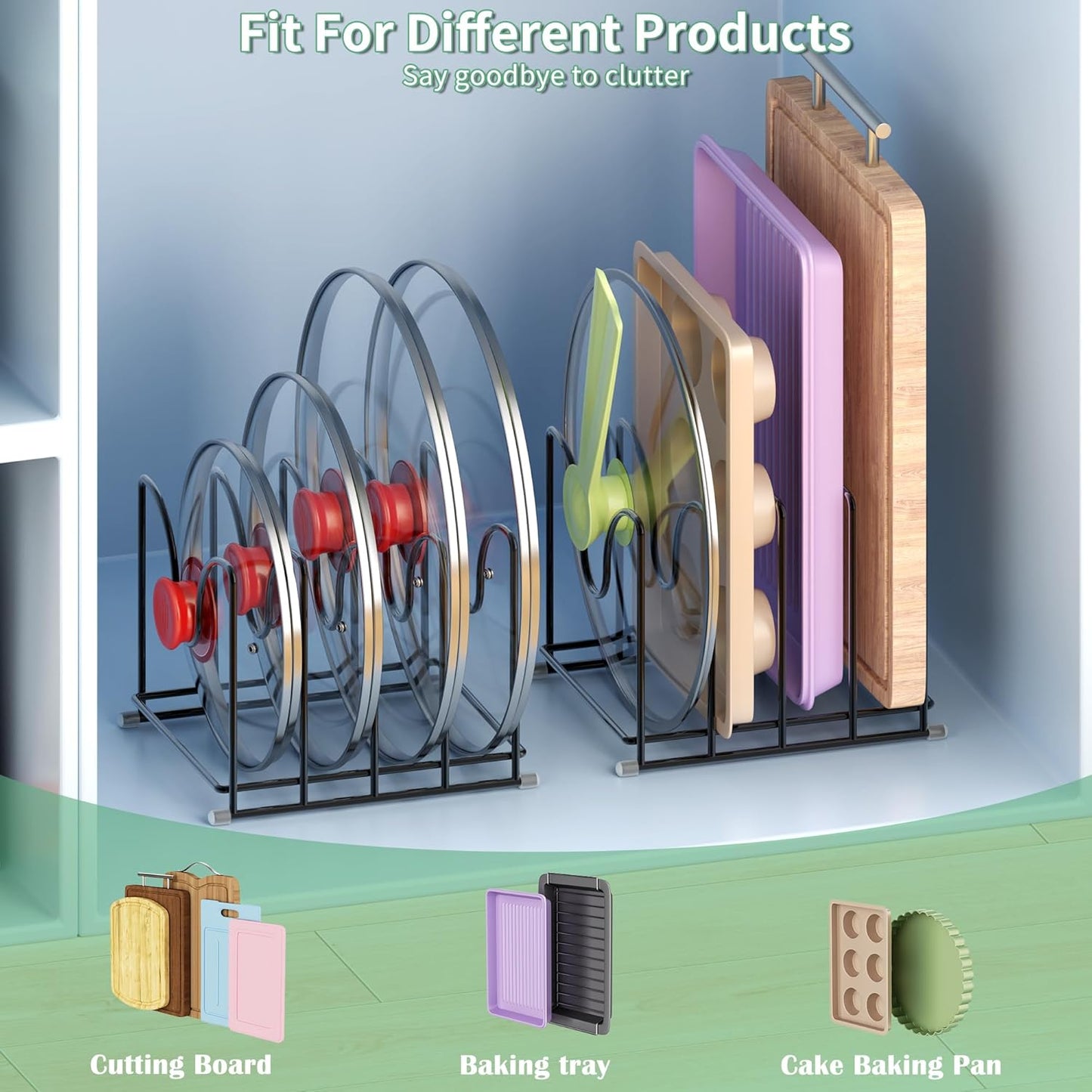 Pot Lid Organizer Rack,1.6in Wide Cutting Board Organizer for Pan Lids,Baking Sheets,Cookie Sheets, with 4 Slots,Cutting Board Holder Rack(1PC-Large)