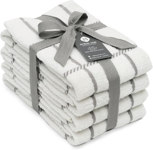 100% Cotton Terry Dish Towels, 4 Pack Checks, 16 x26 Inches, Super Soft and Absorbent Kitchen Towels, Perfect for Kitchen Cleaning and Dish Washing | Light Gray