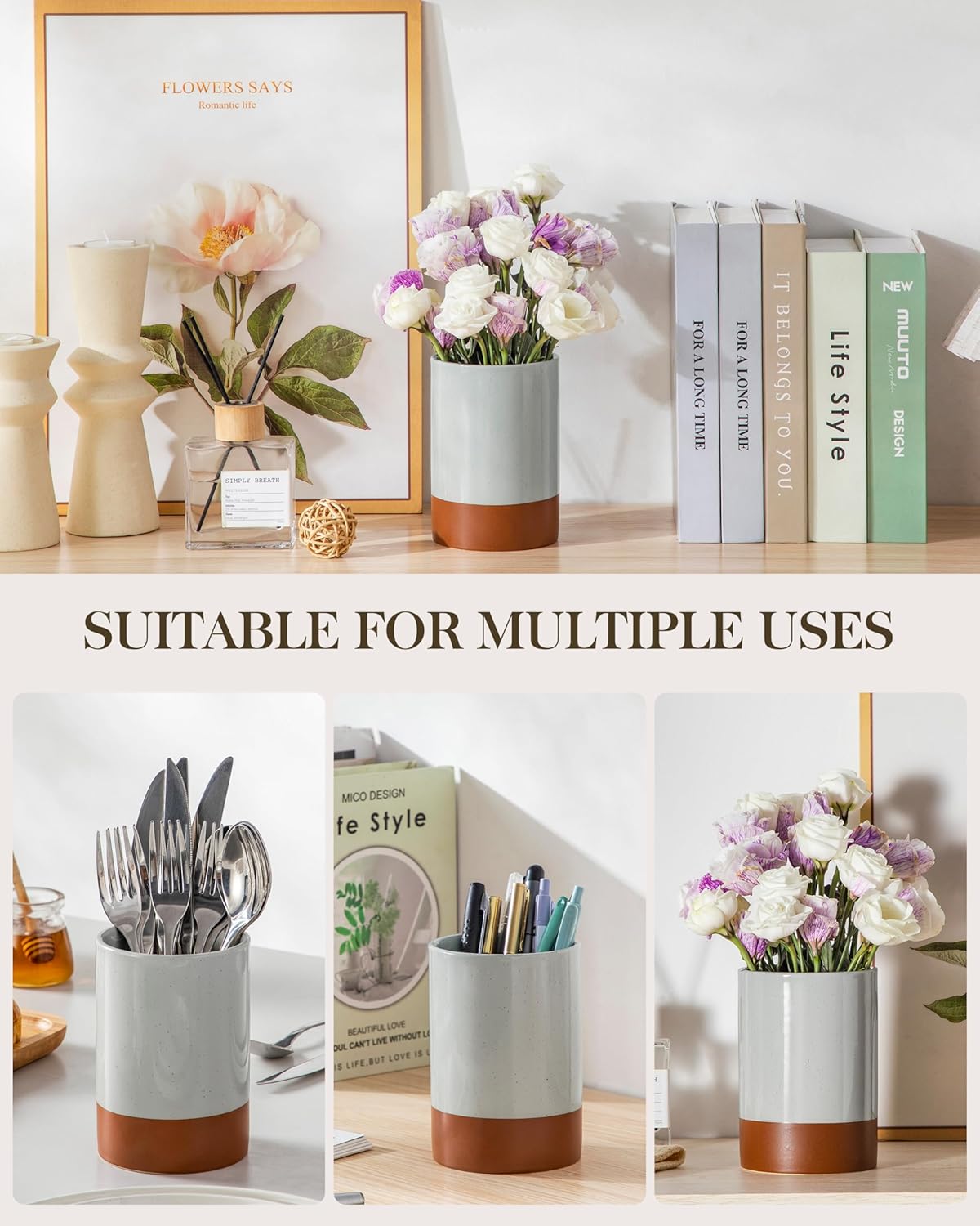 MALACASA Utensil Holder, 5.5" Ceramic Kitchen Utensil Holder for Countertop, Cooking Utensil Crock for Kitchen Counter, Farmhouse Utensil Organizer for Spatula & Spoon, Khaki Gray, Series TARA