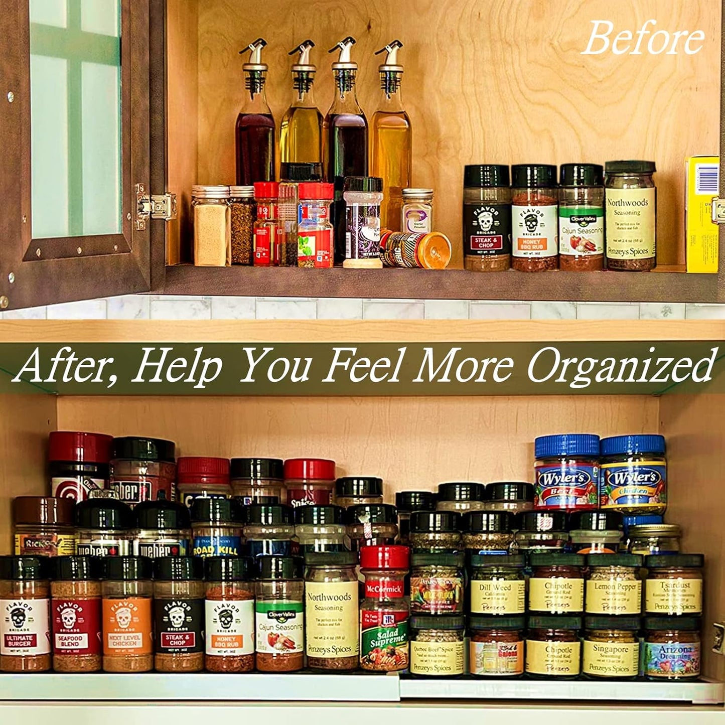 3 Tier Expandable Spice Rack Organizer, Plastic Spice Rack, Adjustable Length 14.6In-25.8In, Non-Skid Tiered Spice Shelf Organizer for Kitchen Cabinet, Cupboard, Pantry, White/Grey