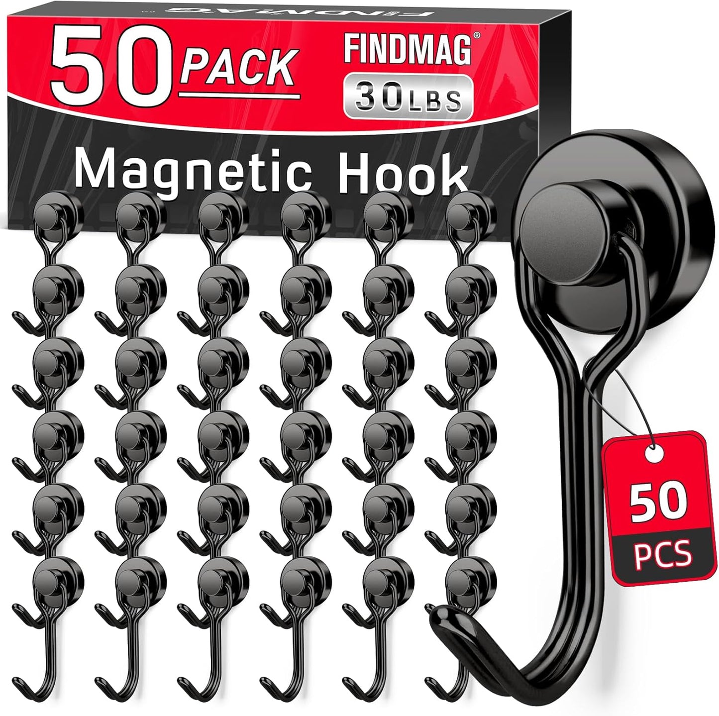 FINDMAG 50 Pack Magnetic Hooks, 30lbs+ Magnetic Hooks Heavy Duty for Cruise, Strong Magnet Hooks for Fridge, Neodymium Magnets with Hooks for Kitchen, Grill, Home, Garage, Toolbox (Black)