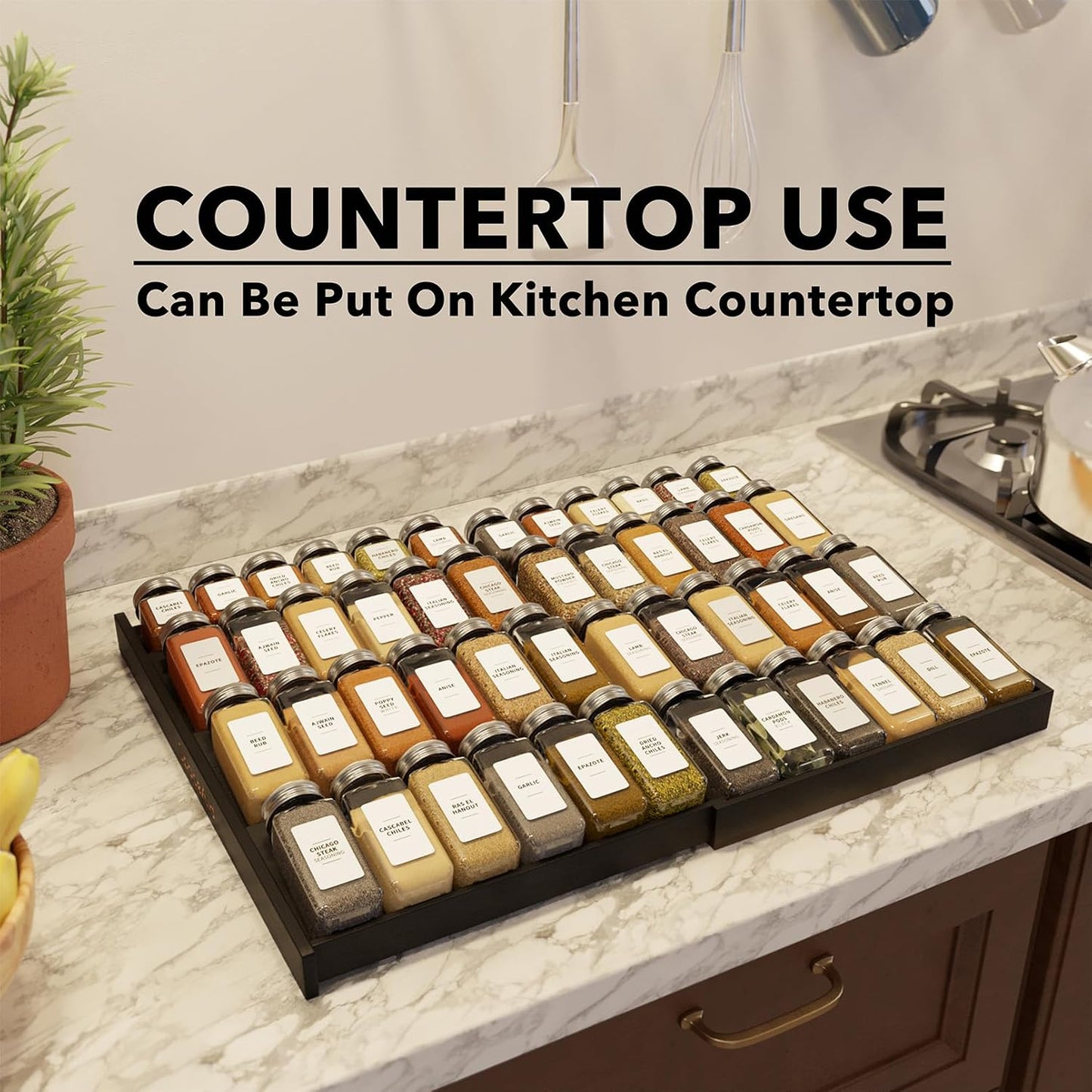 SpaceAid Bamboo Black Spice Drawer Organizer, (Need 3" Deep Drawer) Expandable 4 Tier Spices Rack for Cabinet, Kitchen Seasoning Storage Insert (Jars Not Included, From 12" to 23" Wide)