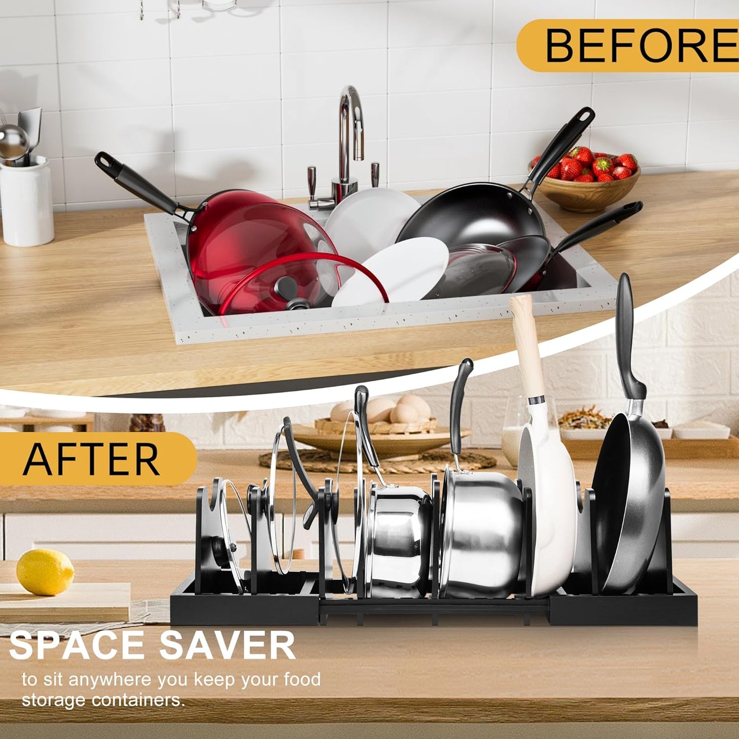 MinBoo Bamboo Expandable Pot Lid Organizer Pot Lid Holder, Pot and Pan Organizer Drawer Organizer for Pot Lids, Adjustable Dividers for Kitchen Cabinet Organizers and Storage,Black,Large