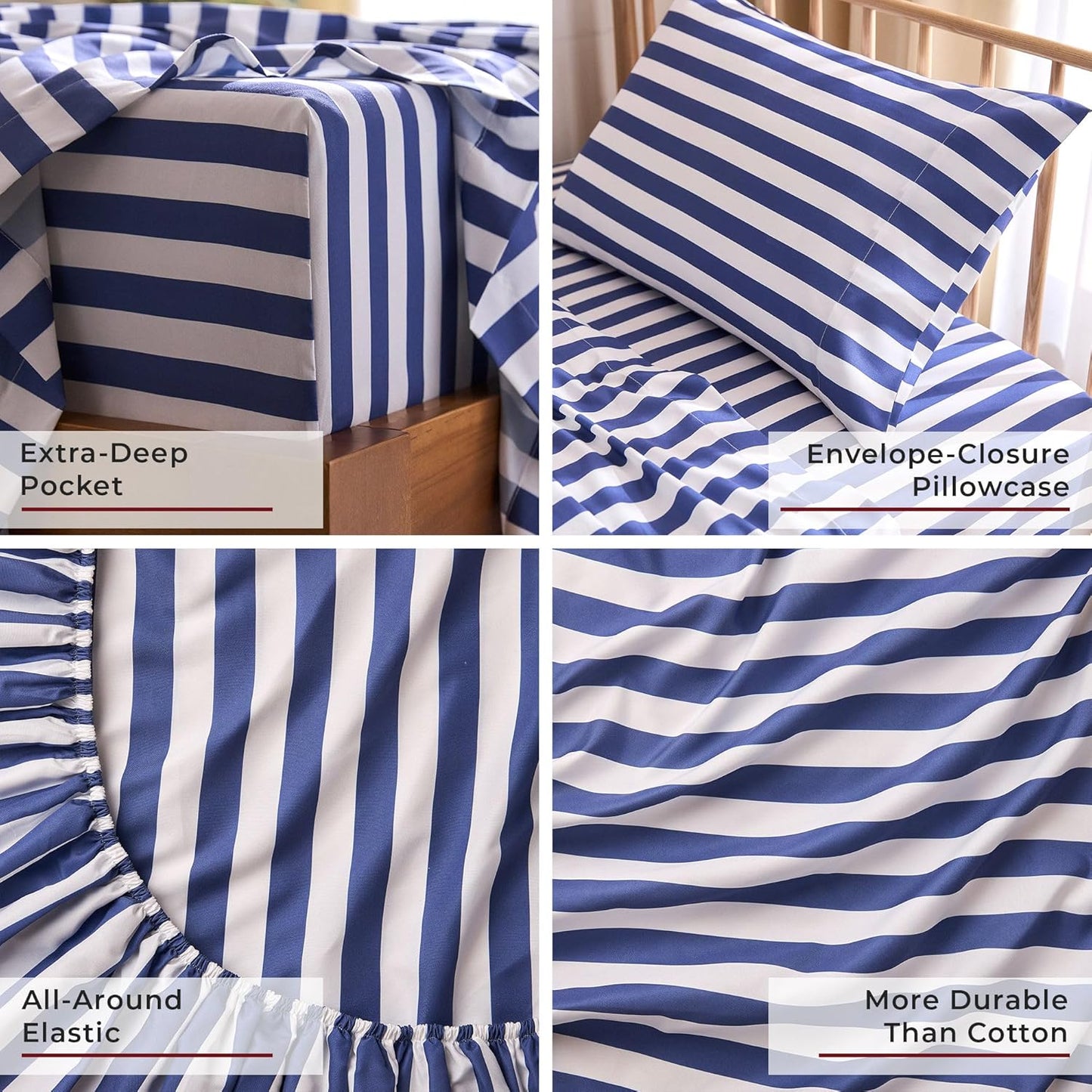 Mellanni Twin XL Sheets Set - 3 PC Iconic Collection Bedding - Hotel Luxury, Soft, Cooling Bed Sheets - Wrinkle, Fade, Stain Resistant (Twin Extra Long, Oxford Stripe Blue Nova)