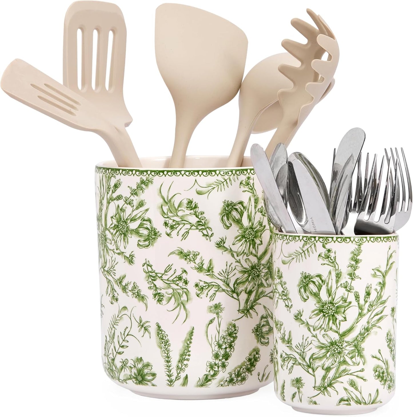 Bico Green Garden Toile De Jouy Ceramic Utensil Holder Set of 2, Ceramic Kitchen Utensil Crocks for Countertop, Large Cooking Tool Holder Counter Decor, Spatula Organizer