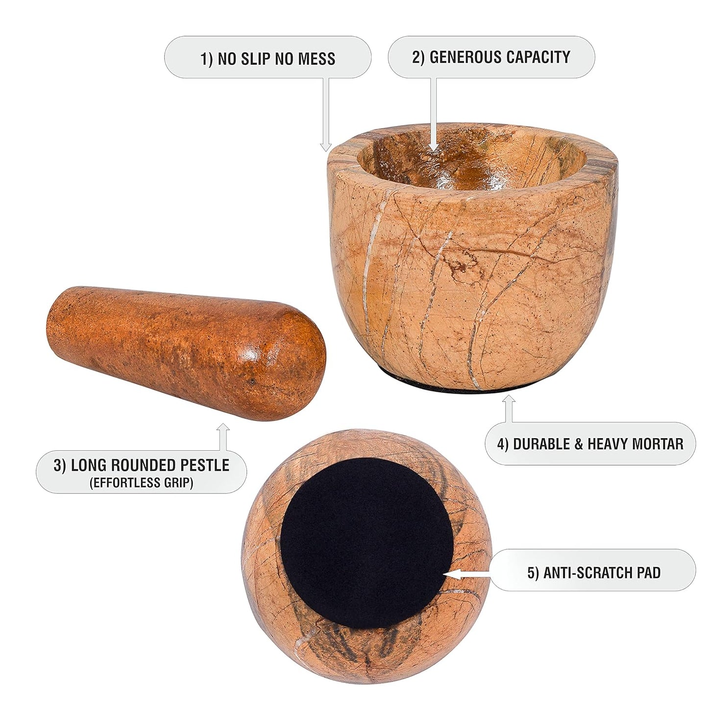 Mortar and Pestle, Made of Heavy Duty Polished Hard Stone, Natural Stone Grinder for Spices, Pastes, Herbs, Seasoning etc. (Bidasar)