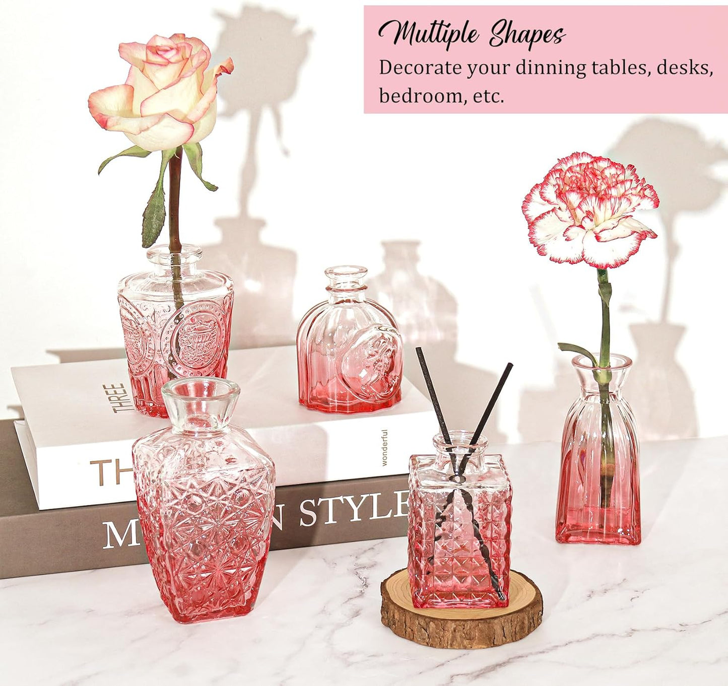 36Pcs Bud Vases Set Small Vintage Glass Bottles Pink Bud Vases in Bulk Multiple Shape Cute Glass Vases for Rustic Wedding Centerpieces Table Decorations and Home Decor(Pink)