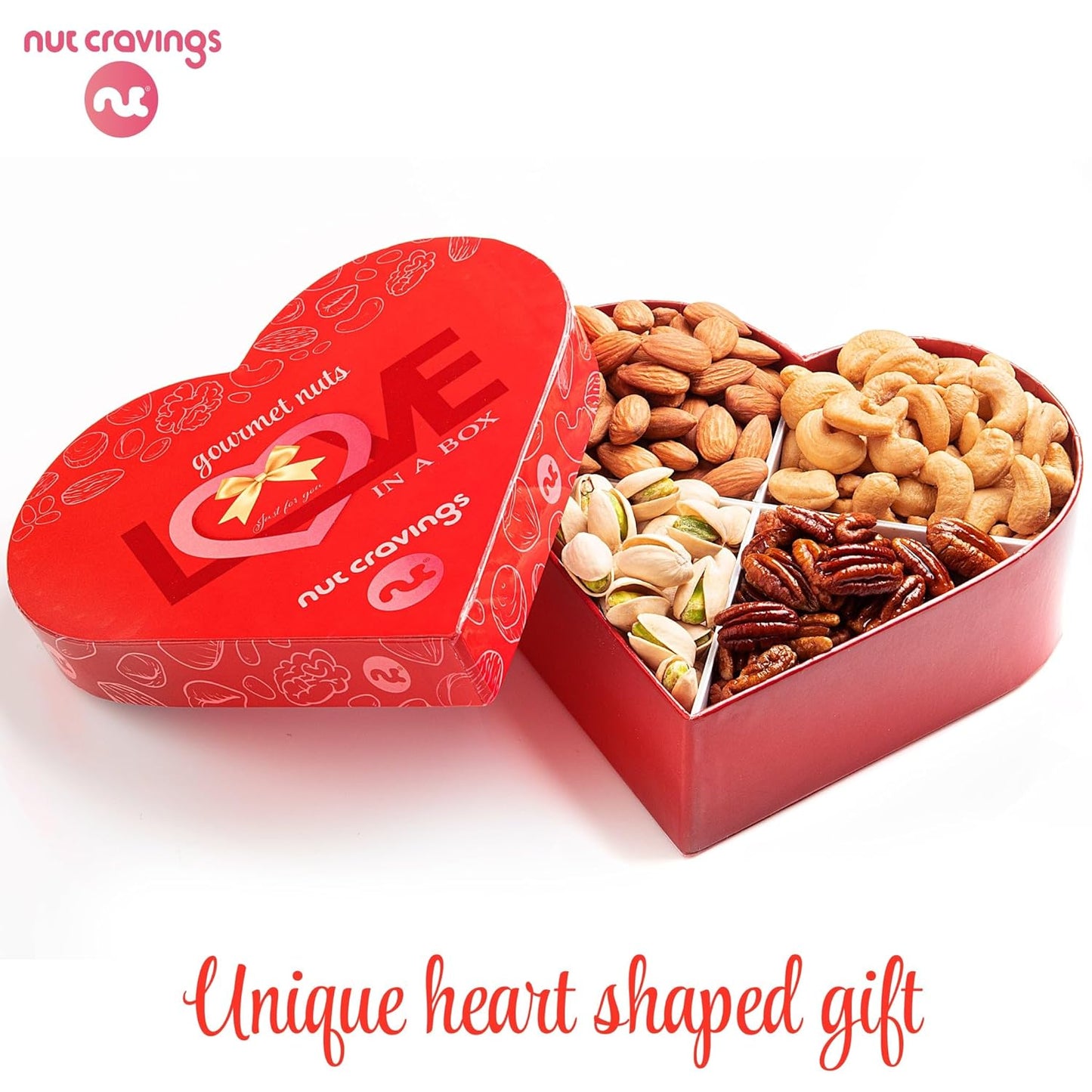 NUT CRAVINGS - Mixed Nuts Heart Shaped Gift Basket, Love in A Box (4 Assortments) Romantic Food Arrangement, Healthy Snack Care Package, Food Assortments