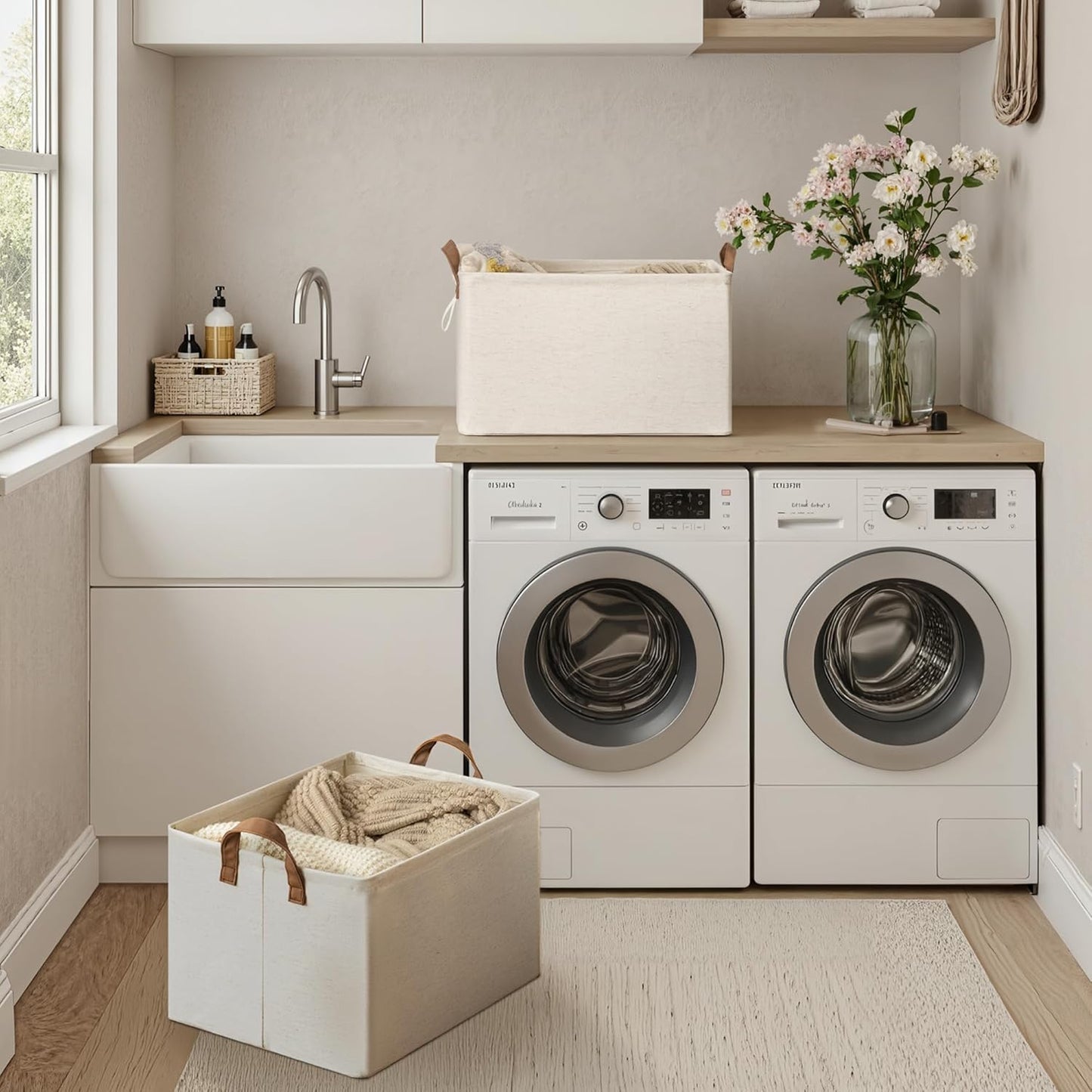 StorageWorks Storage Bins, Shelves Baskets for Organizing, 45L Extra Large Fabric Closet Organizers with Handles, Metal Frame, Beige（Cotton-linen）, 2-Pack