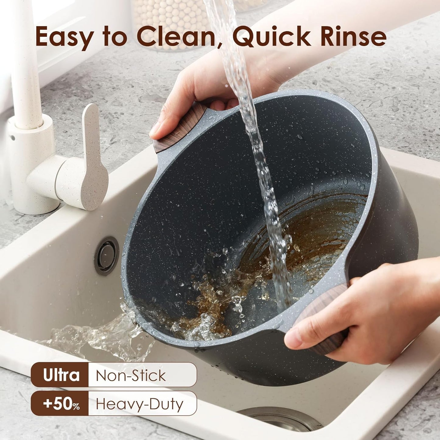 SENSARTE Nonstick Stock Pot with Lid, 4.5 Quart Induction Cooking Pot with Tempered Glass Lid, Stew Pot with Swiss Nonstick Granite Coating, PFOA PFOS APEO Free, Gray