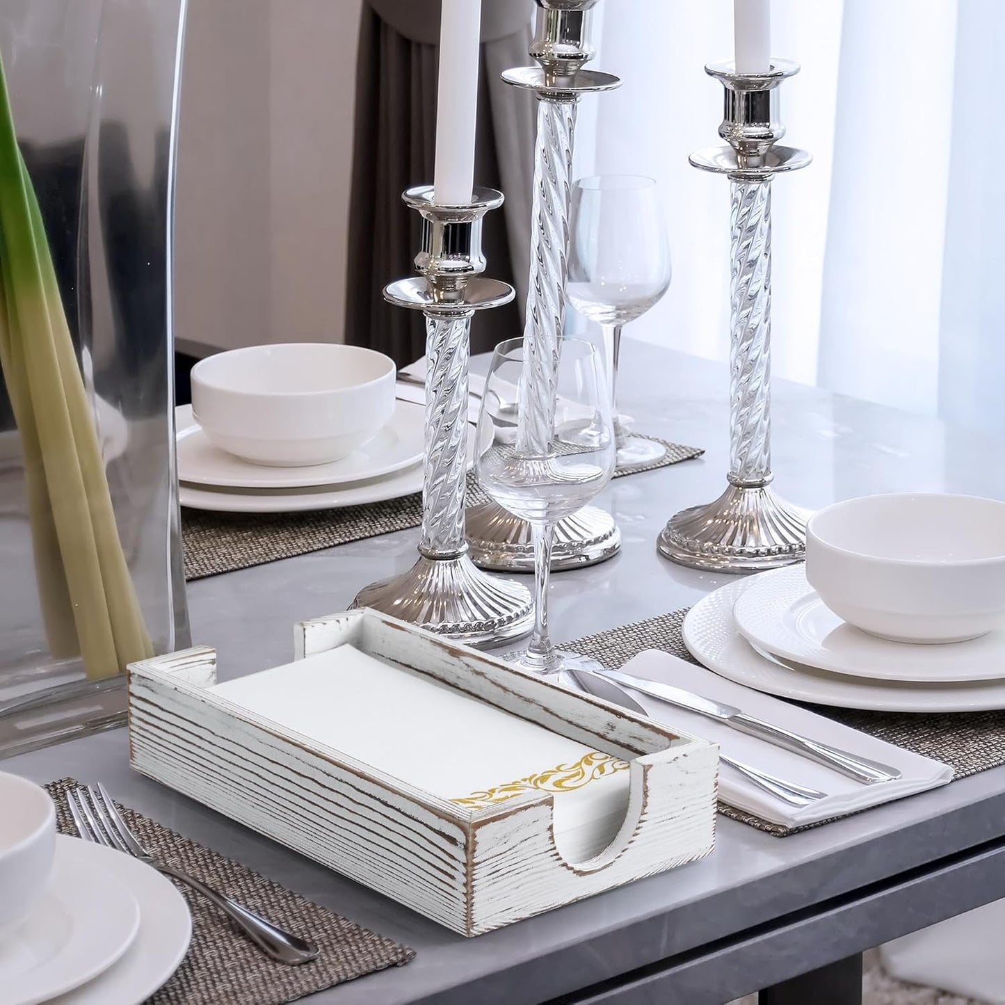 Napkin Holder for Bathroom, White Washed Wood Guest Towel Holder Tray for Bathroom, Disposable Paper Hand Towel Holder for Bathroom Accessories, Dinner Napkin Holder for Kitchen Table Party