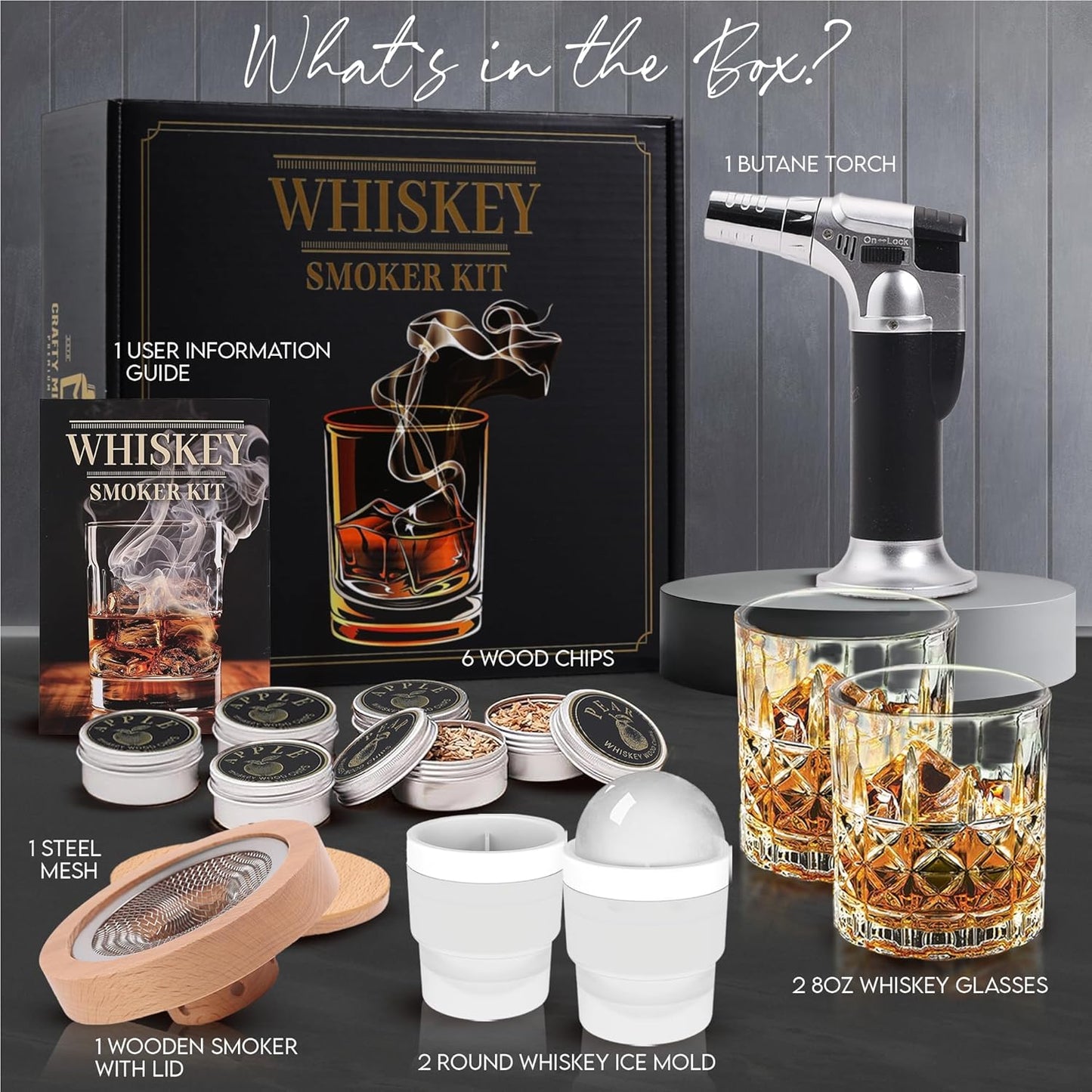 Whiskey Smoker Kit with Torch – 6 Wood Chip Flavors & 2 Glasses – Cocktail Smoker Infuser Set for Old Fashioned and Bourbon– Birthday Gifts for Men, Dad, Husband and Boyfriend(Butane Not Included)