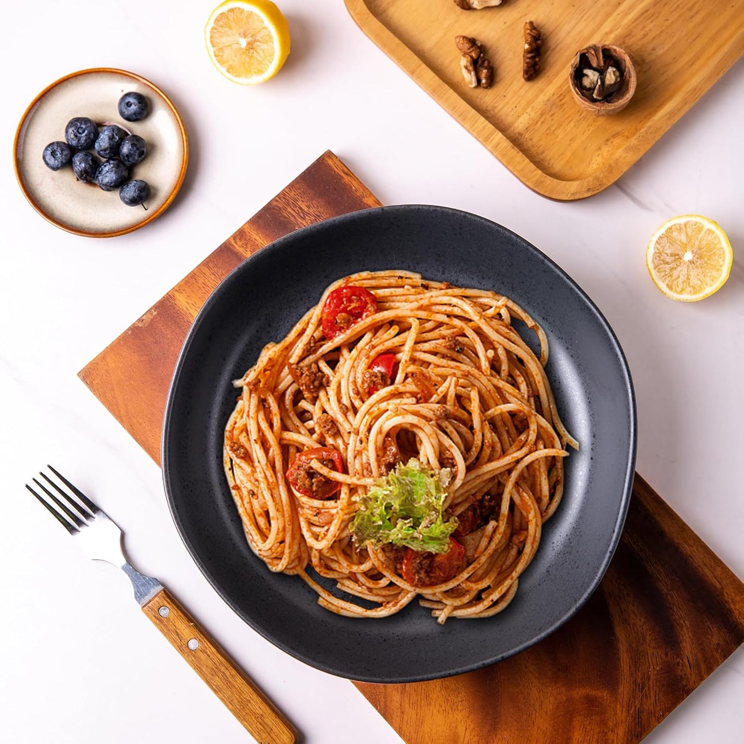 AmorArc Ceramic 9.75 inch Large Flat Pasta Bowls, 38oz Wide Bowls Set of 4 for Kitchen, Oven,Microwave&Dishwasher Safe Bowls with Wavy Rim for Pasta Salad Dinner, Speckled Black