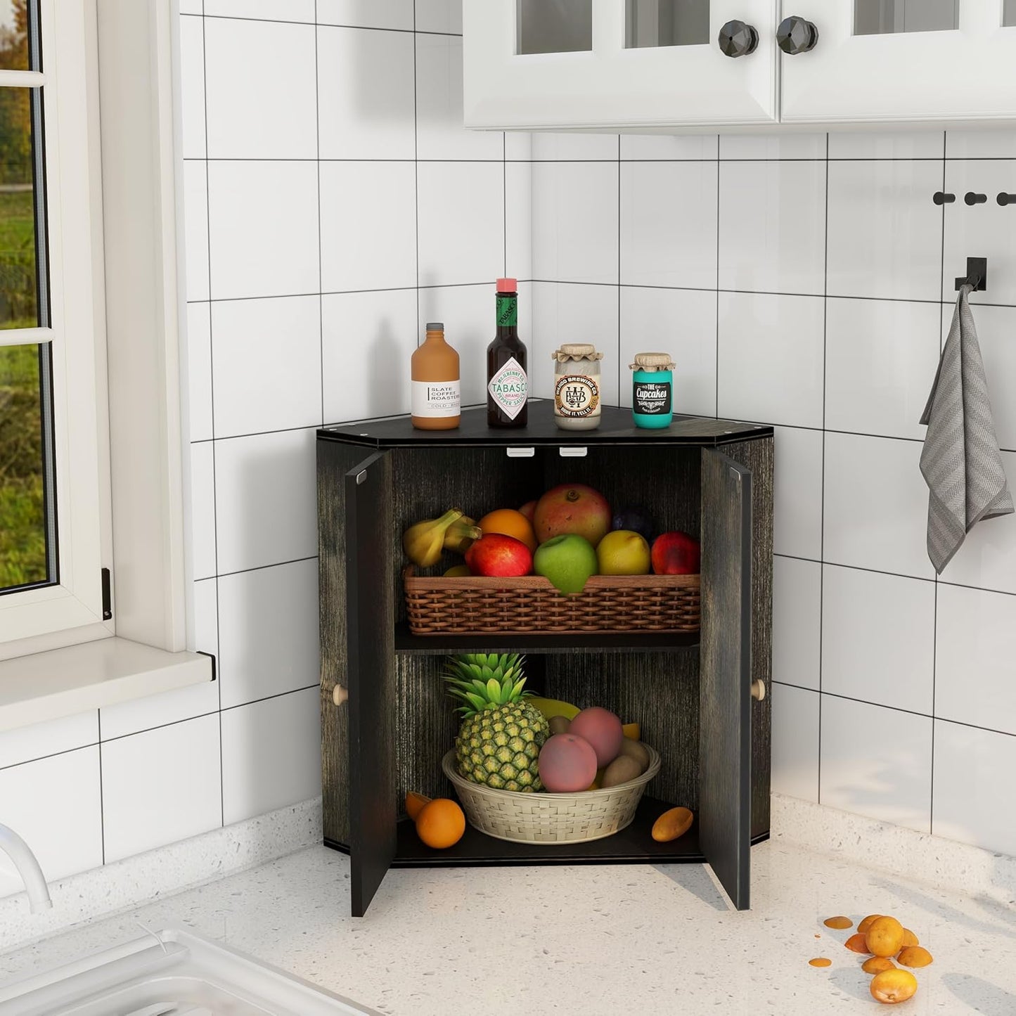 Corner Bread Box for Kitchen Counter Double Layer Bamboo Bread Storage Container Large Capacity Bread Storage Bin Farmhouse Breadbox Organizer (Antique Black)