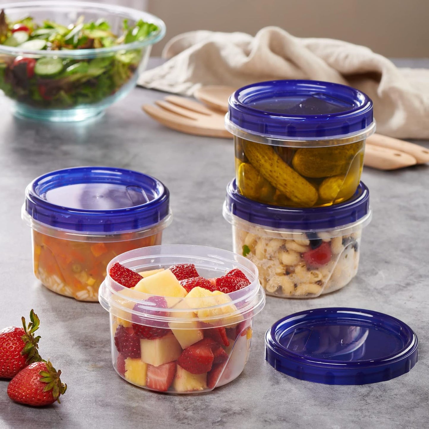 PLASTICPRO 6 Pack Twist Cap Food Storage Containers with Blue Screw on Lid- 16 oz Reusable Meal Prep Containers - Freezer and Microwave Safe Blue Plastic Food Storage