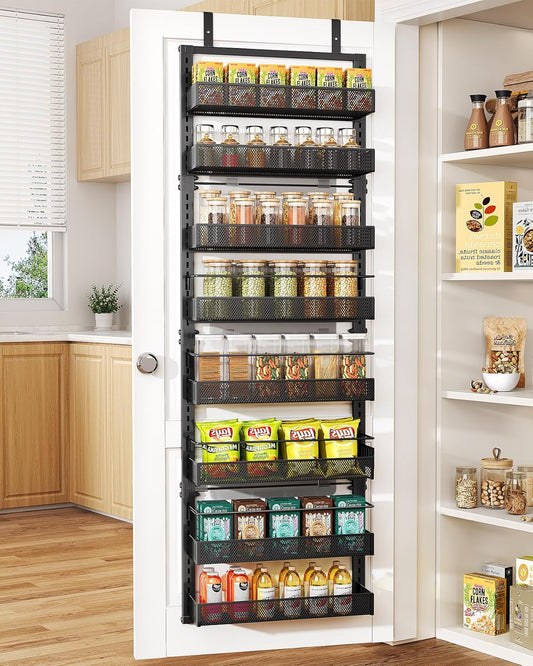 Over the Door Pantry Organizer - 8 Tier Adjustable Hanging Door Spice Rack, Large Capacity for Kitchen Pantry Storage (Black)
