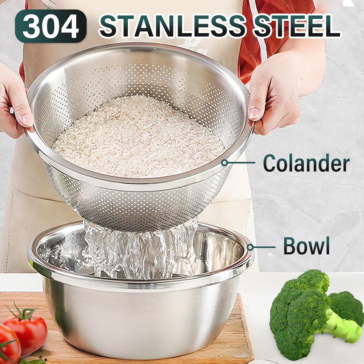 304 Stainless Steel Colander 4QT Microporous Colander & Large Bowl for Kitchen,Rice Strainer with Salad Mixing Bowl for Pasta Straining,Fruit Washing,Vegetable Draining,Food Mixing(2PCs)