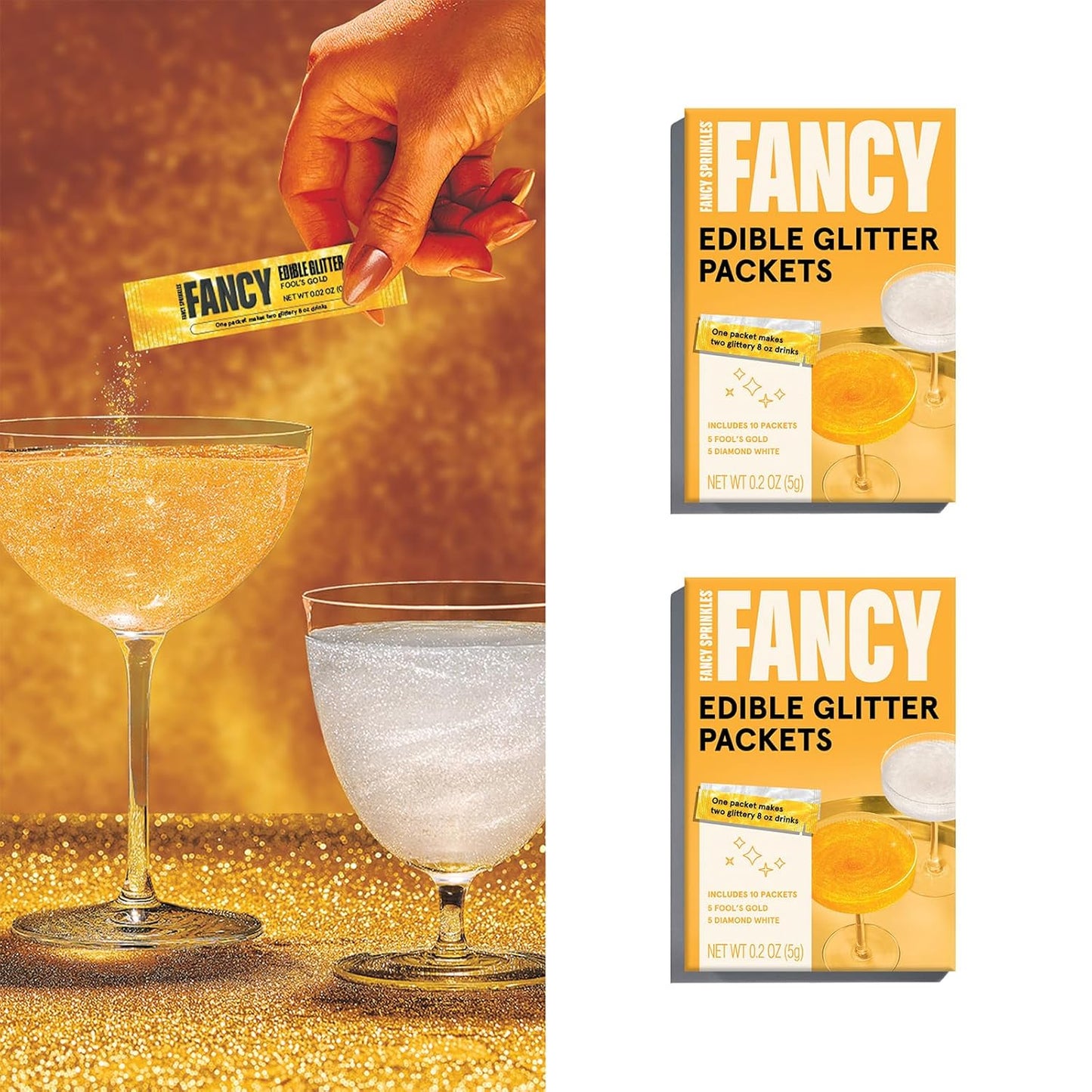 Fancy Sprinkles Pop The Bubbly Edible Glitter Packets Portable & On-The-Go for Sparkling Drinks, Champagne, Cocktails, Wine, Beer, & more. (2 Pack)