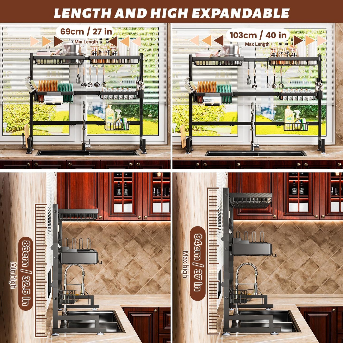 Over The Sink Dish Drying Rack 27-40L x 12W x 32.5-37H (inches) (Expandable Height and Length) Snap-On Design 2 Tier Large Dish Rack