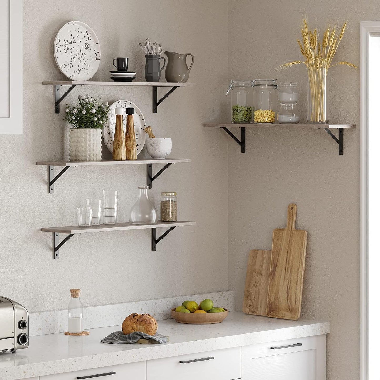 DINZI LVJ Long Wall Shelves, 31.5 Inch Wall Mounted Shelves Set of 2, Easy-to-Install, Wall Storage Ledges with Sturdy Metal Brackets for Living Room, Bathroom, Bedroom, Kitchen, Greige