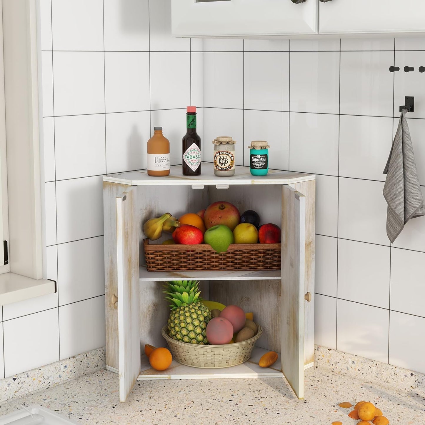 Corner Bread Box for Kitchen Counter Double Layer Bamboo Bread Storage Container Large Capacity Bread Storage Bin Farmhouse Breadbox Organizer