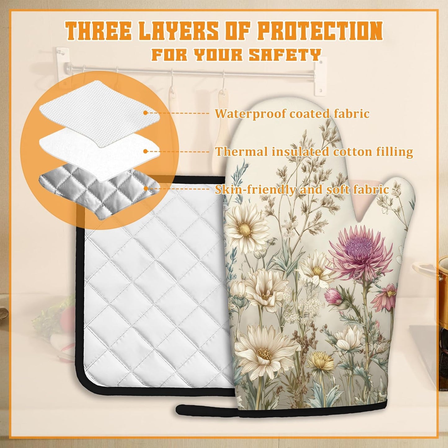 Vintage Wildflowers Oven Mitts and Pot Holders,Floral Botanical Herbs Heat Resistant Oven Mitts Gloves and Pot Holder for Home Kitchen Decorations Cooking Baking BBQ Gifts,Set of 4