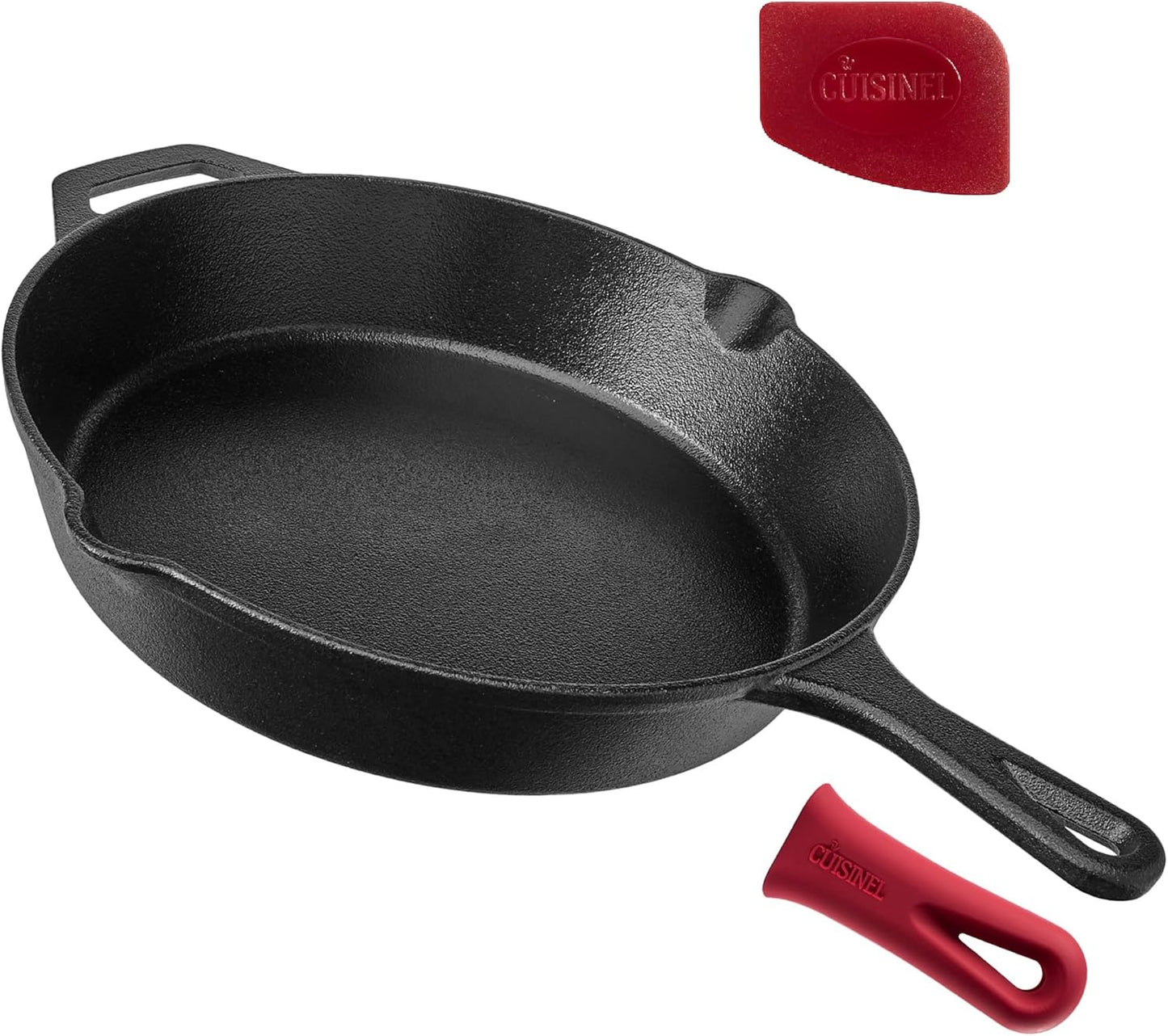 Cuisinel Cast Iron Skillet - 12"-Inch Frying Pan with Assist Handle + Red Silicone Grip Cover - Pre-Seasoned Oven Safe Cookware - Indoor/Outdoor Use - Grill, Stovetop, Induction, BBQ and Firepit Safe