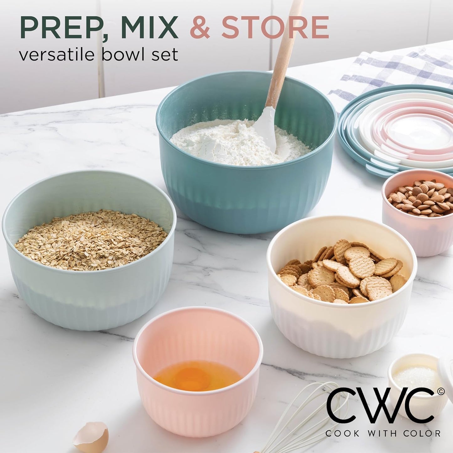 COOK WITH COLOR Prep Bowls with Lids- Wide and Deep Nesting Plastic Small Mixing Bowl Set with Lids, 12 Piece Set - Deep Bowls, Teal and Pink