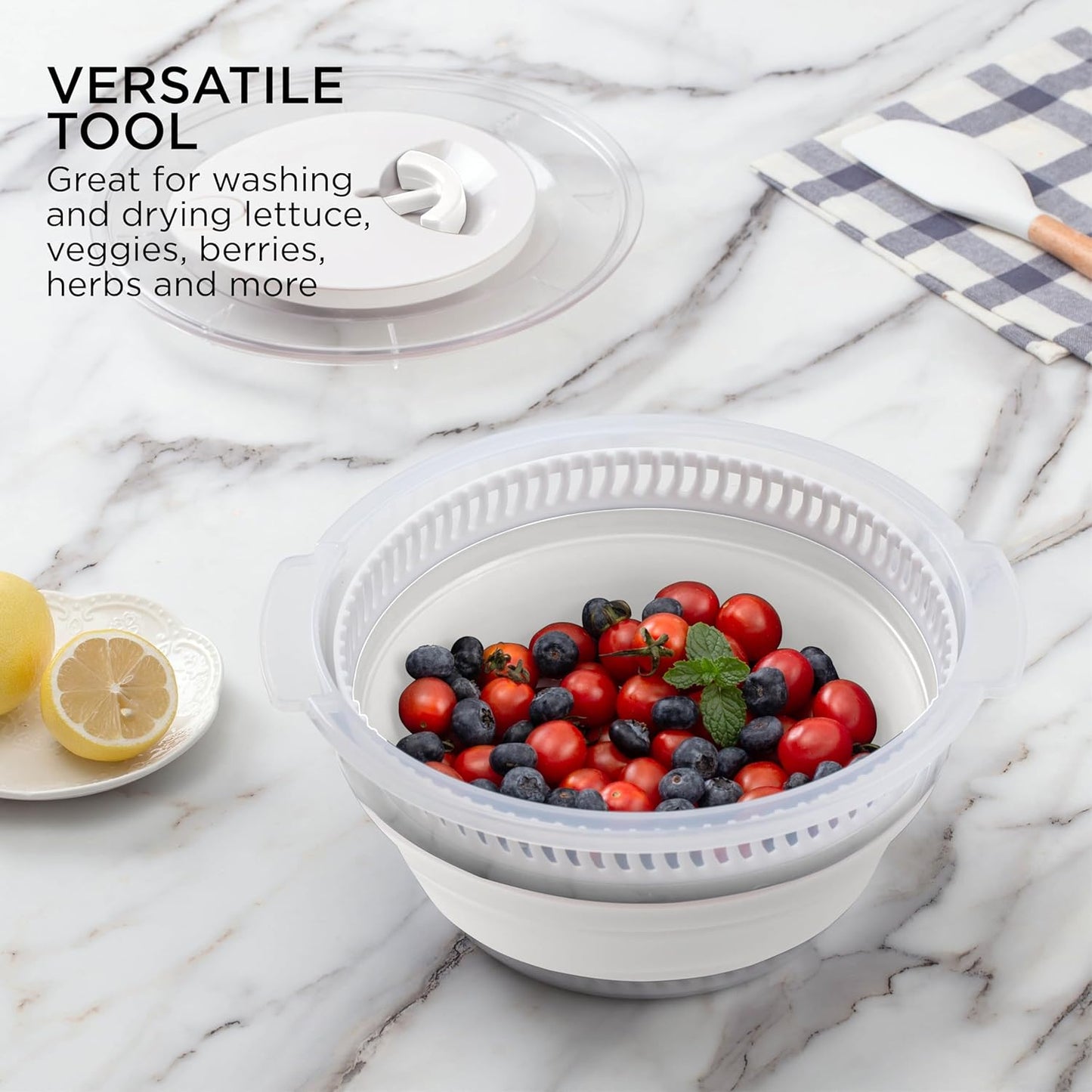 COOK WITH COLOR Collapsible Salad Spinner - 4 QT Space Saving Lettuce Dryer with Folding Collapsible Colander Great for Washing and Drying Fruit and Vegetables (White)