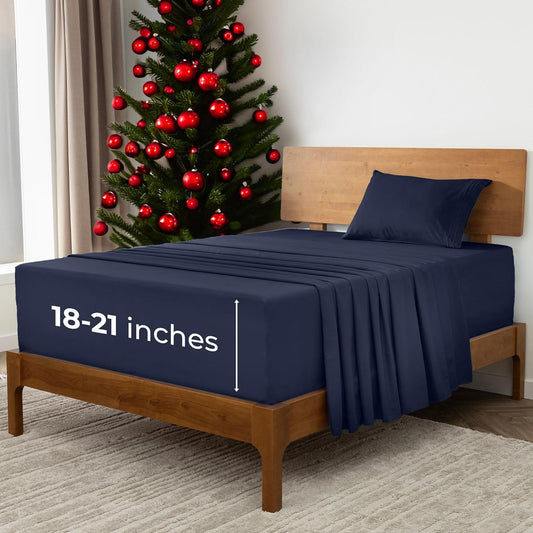 Mellanni Extra Deep Twin Sheets - 3 PC Iconic Collection Bedding - Hotel Luxury, Ultra Soft, Cooling Bed Sheets - Wrinkle, Fade, Stain Resistant (Twin, Navy Blue)