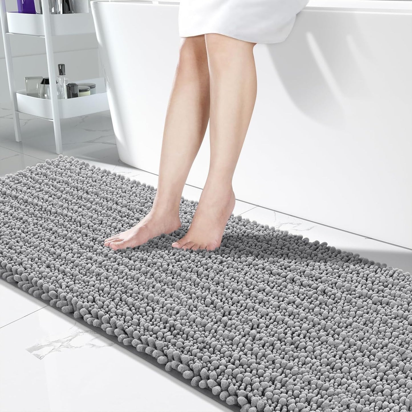 Yimobra Bathroom Runner Rug 70x24 Inch - Extra Long Non Slip Chenille Bath Mat, Soft & Absorbent, Machine Washable Shaggy Hallway Carpet for Vanity Tub Shower, Gray Home Decor Accessories