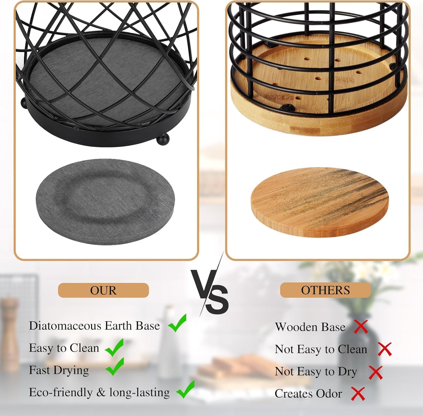 MACEVIA Utensil Holder for Kitchen Counter, Large Black Metal Organizer with Diatomaceous Earth Base, 6.3" x 5" x 7.5", Countertop Storage for Spoons, Spatulas and Cooking Utensils