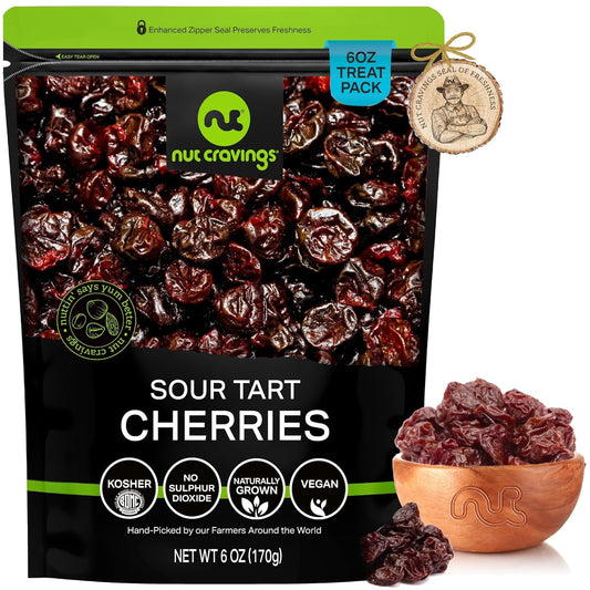NUT CRAVINGS - Sun Dried Sour Tart Cherries, Lightly Sweetened (6oz, 1 Pack) Bulk Dry Fruits Packed Fresh in Resealable Bag - Sweet Healthy Snack, Naturally Grown, Vegan, Kosher
