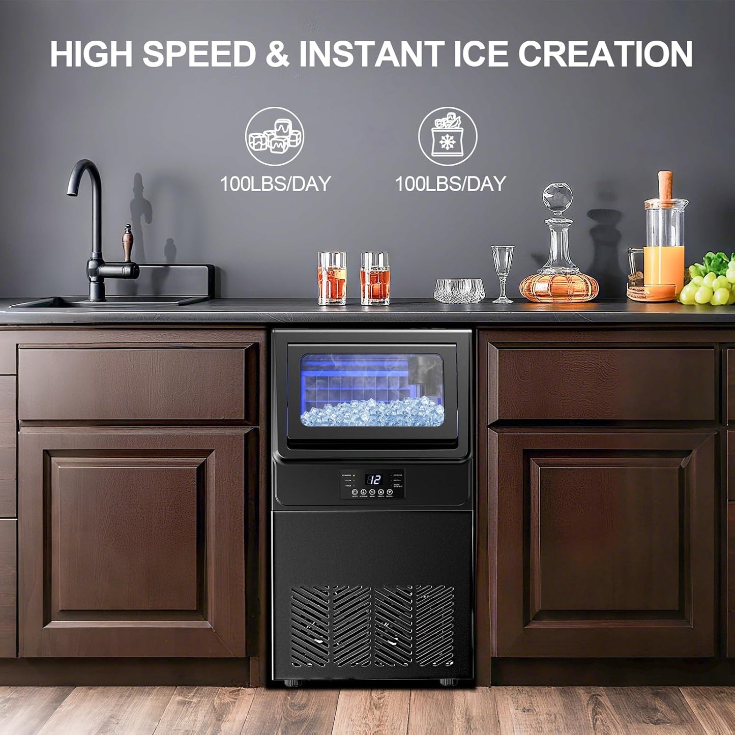 High-Efficiency Commercial Ice Maker: 100 lbs Daily Production, Stainless Steel Under Counter Ice Machine, 25 lbs Ice Storage Capacity, Dual Water Inlet, for Home Commercial Use