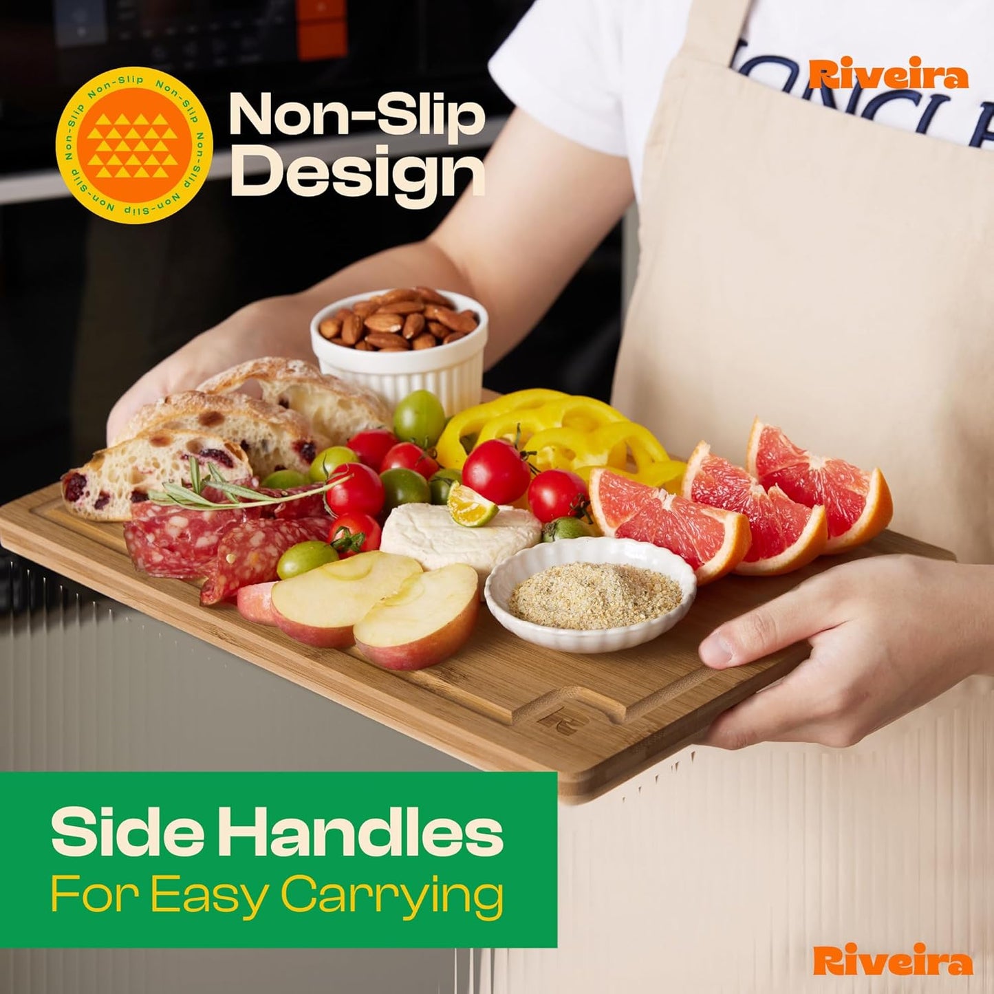 Riveira Brown Bamboo Wood Cutting Board – Gourmet Bamboo Grandeur: 8 x 6 Wooden Cutting Board – Wooden Cutting Boards For Kitchen Decorative – Innovative Juice Grooves Wooden Chopping Board