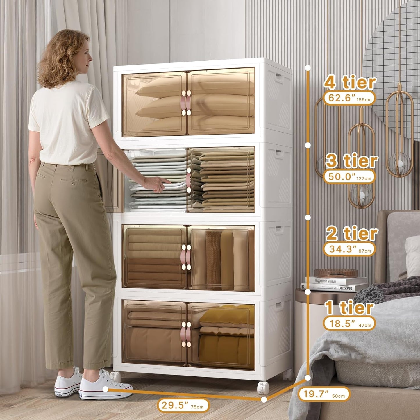 Extra Large Stackable Storage Bins with Lids and Wheels, Foldable Collapsible Closet Organizers,672QT-168QT/42GAL*4Pack Plastic Stackable Storage drawers for bedroom Dorm