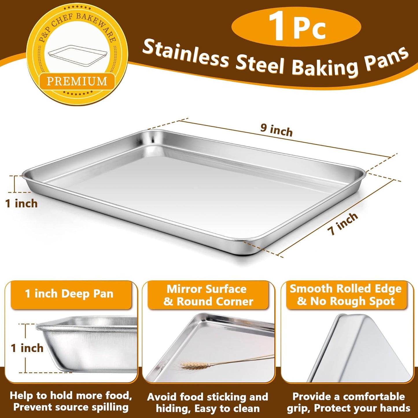 P&P CHEF 9 Inch Baking Sheet Pan with Rack Set, Stainless Steel Cookie Sheet Pan Tray with Cooling Rack for Oven Use, Cooking Roasting, Non Toxic & Dishwasher Safe, Heavy Duty