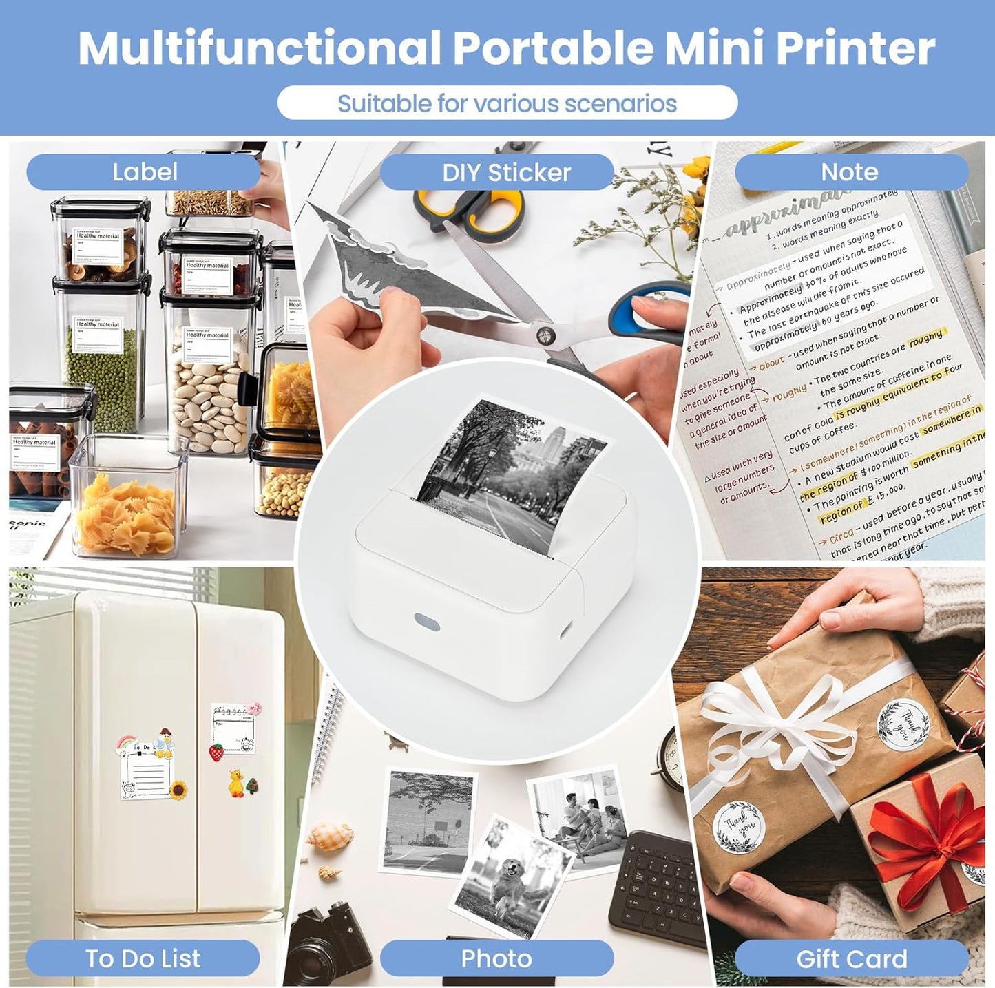 Sticker Printer, Thermal Label Maker Mini Sticker Maker with 4 Roll Paper Bluetooth Inkless Sticker Maker Machine for Home, Office, School, DIY Creations, Sticky Scrapbook, Lists