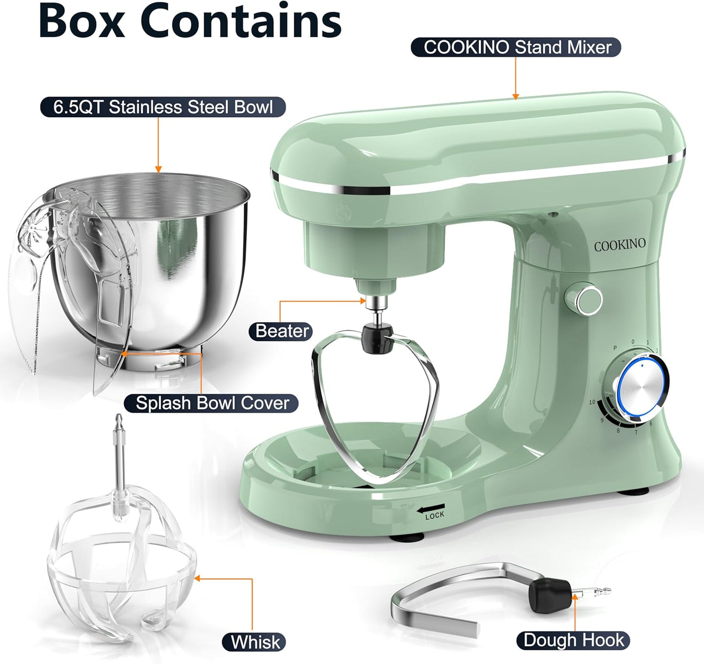 Electric Stand Mixer,10 Speeds Tilt-Head Food Mixer, 3-IN-1 Kitchen Mixer for Daily Cooks with 6 QT Bowl,Dough Hook, Beater, Whisk (Agave Green)