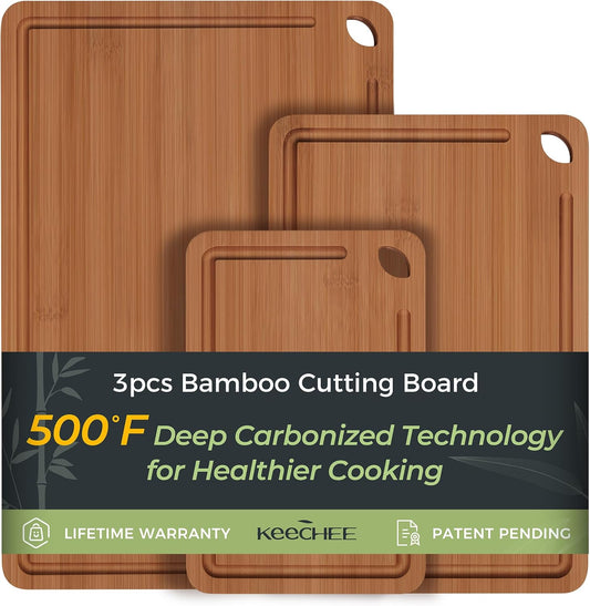 Bamboo Cutting Board, Durable Wood Cutting Boards for Kitchen with Deep Juice Grooves & Built-in Handles, Ideal Charcuterie & Chopping for Meat, Vegetables and Fruits Ideal Kitchen Gifts