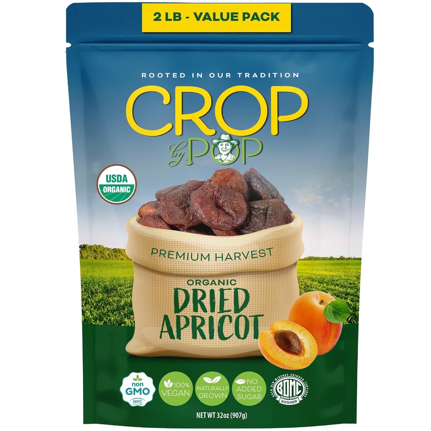 CROP BY POP - Organic Sun Dried Apricots, No Sugar Added, Unsulphured (32oz, 2 LB) Bulk Dry Fruits Packed Fresh in Resealable Bag - USDA Organic, Non GMO, Kosher