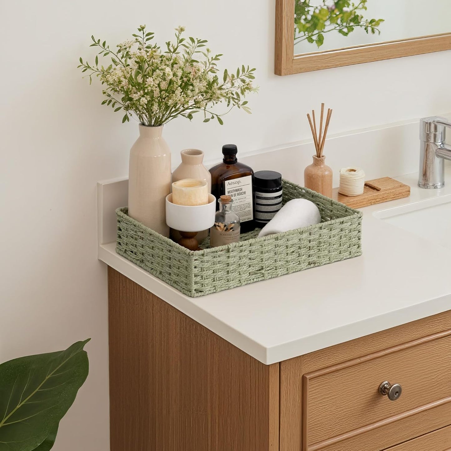 StorageWorks Bathroom Vanity Tray for Countertop, Bathroom Counter Tray for Decorative, Toilet Paper Baskets, Green, Larger, 2 Pack