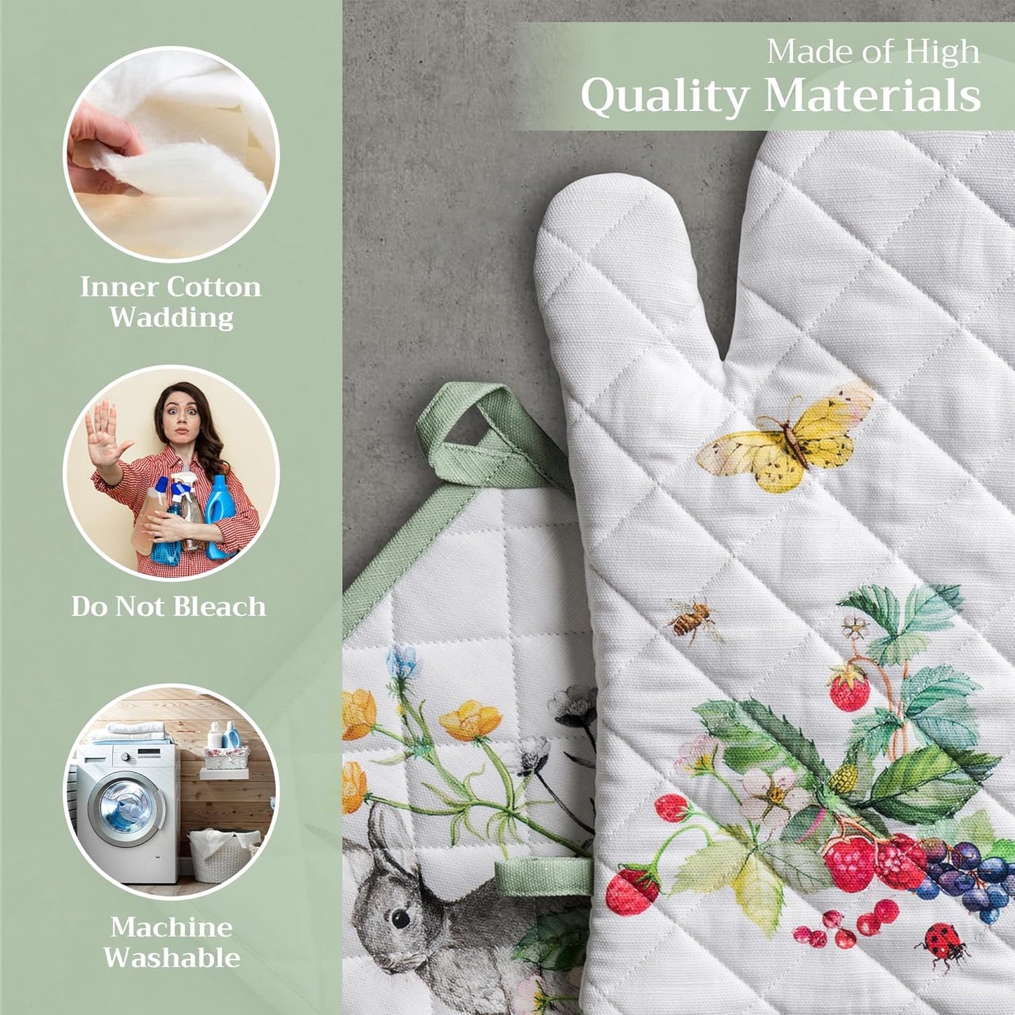 Maison d' Hermine 100% Cotton Oven Mitt & Pot Holder Set (7.5"x13" & 8"x8") Heat Resistant BBQ Cooking Gloves with Loop, Baking, Grilling, Kitchen, Handling Hot Pans Spring/Summer (Printemps)