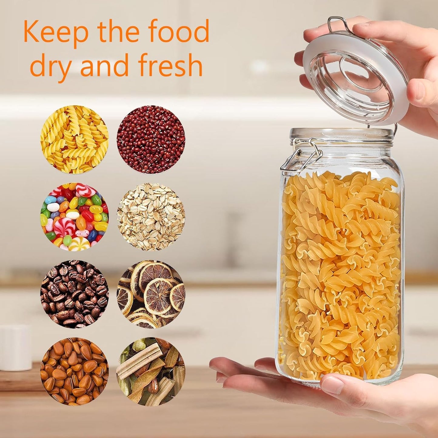 78oz Square Glass Food Storage Jars Storage Container with Clear Preserving Seal Wire Clip Fastening for Kitchen Canning Flour, Cereal, Pasta, Sugar, Beans