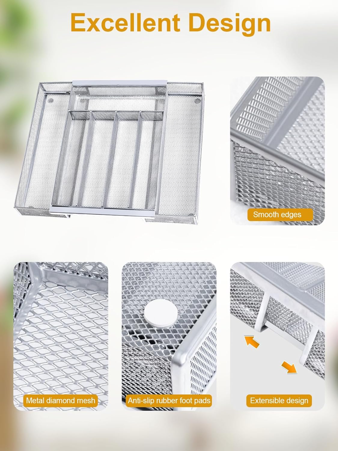 Silverware Organizer Metal Mesh, Drawer Organizer, Utensil Cutlery Tray Expandable Flatware Organizer with 7 Compartment Silver 9.4"~17.3" x 13.7"