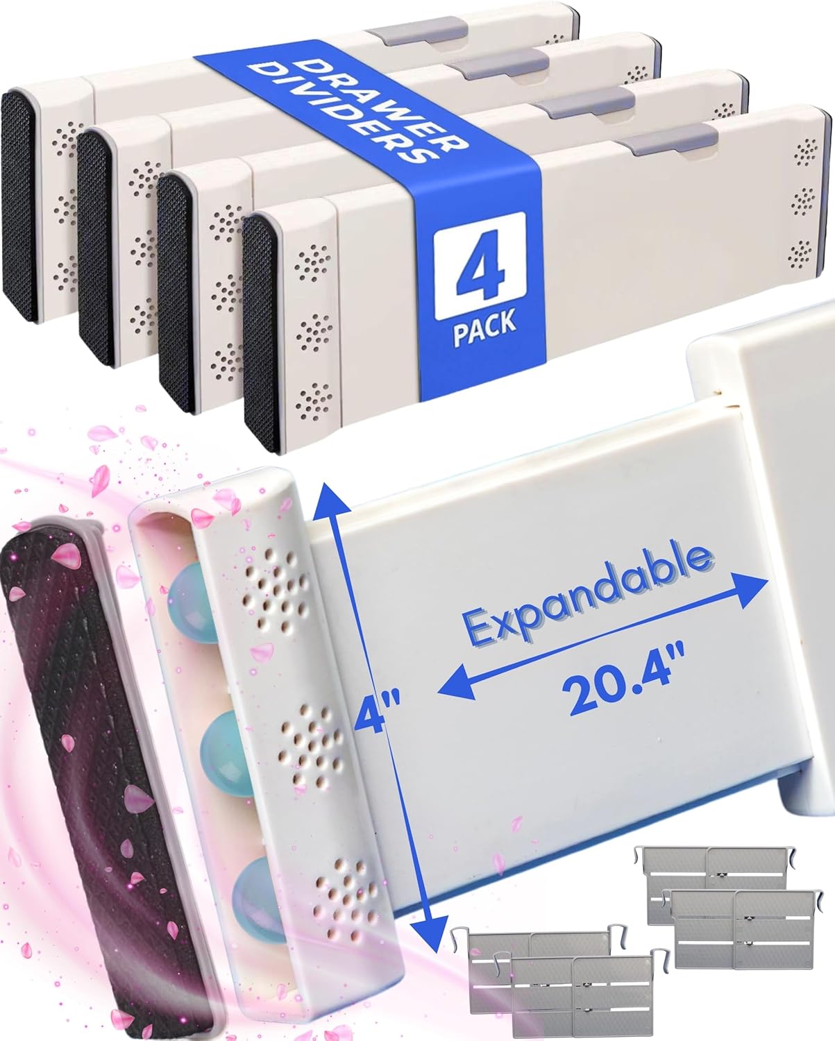 4 Pack Drawer Dividers for Clothes with Scent Slots 4" High, 13-20.4" and 4 Adjustable Hooks, Expandable Dresser Drawer Organizer for Closet, Kitchen, Bathroom, Office