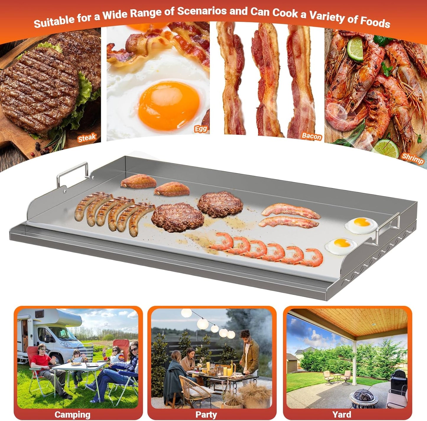 Skyflame 25"x16" Stainless Steel Griddle Plate for BBQ, Hibachi, Flat Top Grill with Even Heating, Grease Groove, Foldable Handles, Ideal for Charcoal/Gas Grills, Camping, Tailgating, Outdoor Cooking
