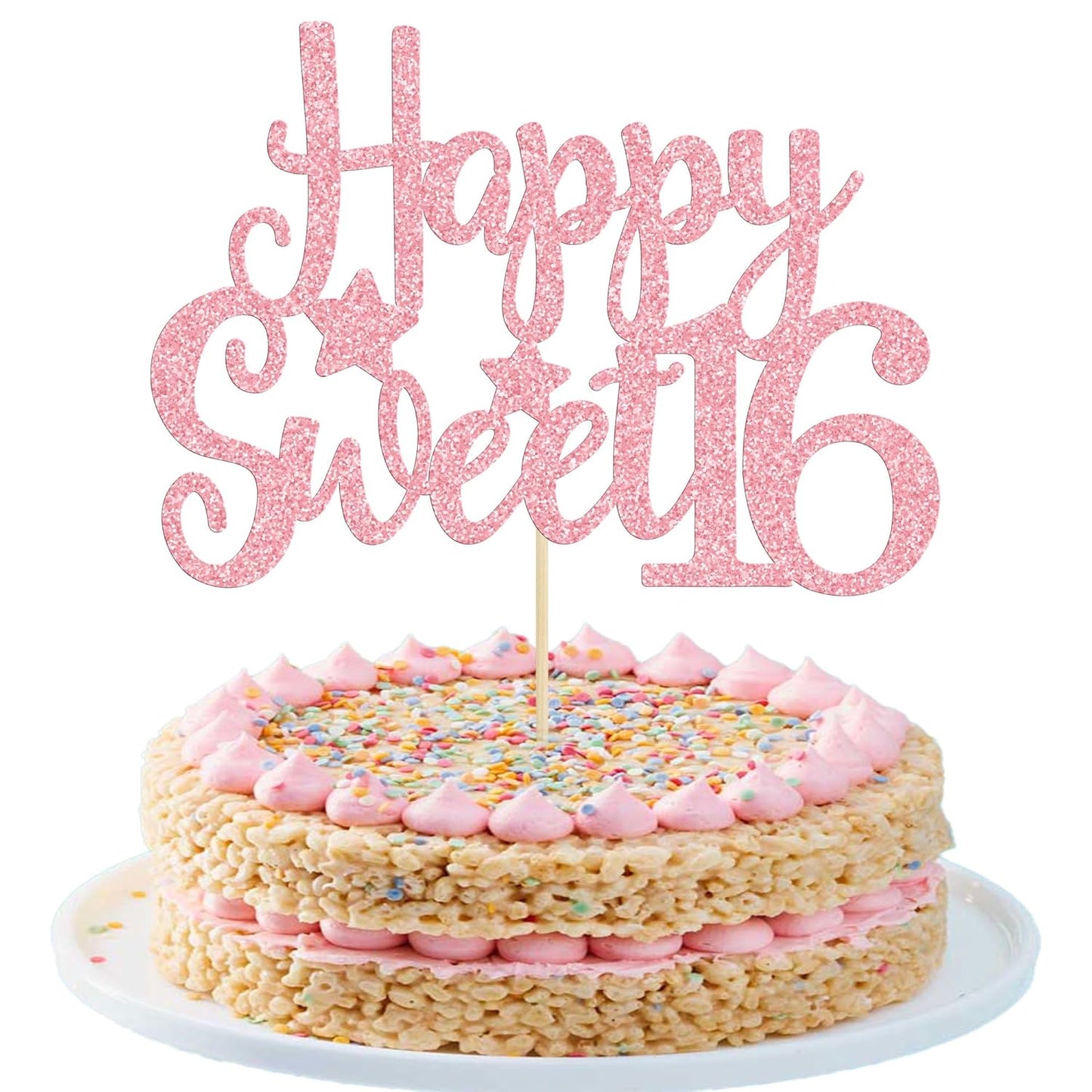 Gyufise 1Pc Pink Glitter Happy Sweet 16 Cake Topper 16th Birthday Cake Topper Sweet 16 Decorations 16th Birthday Decorations