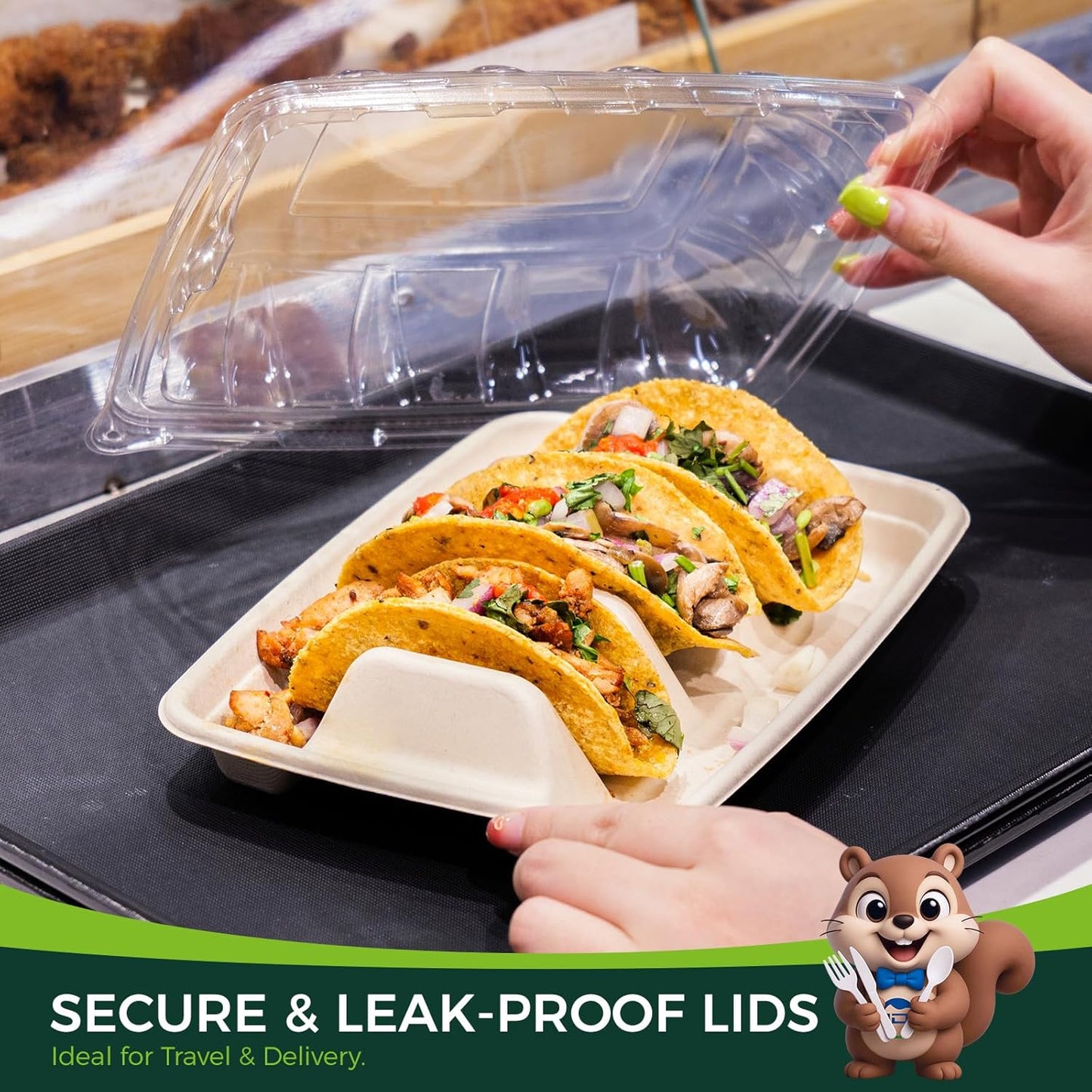 50-Pack 100% Compostable Biodegradable Paper Taco Holders, Eco-Friendly Disposable Paper Taco Tray for Taco Tuesday, Lazy Susan Taco Bar (50-Pack with lids)